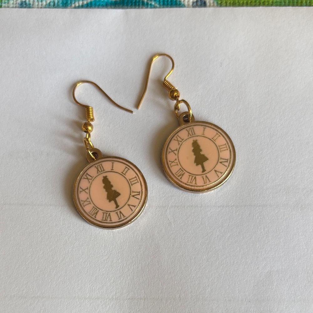 Elegant Gold and Pink Alice Themed Earrings